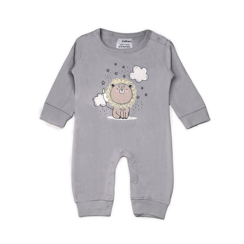 Kidbea Pack of 3 Cotton Full Sleeves Lion, Kitty and Penguin Printed Romper - Grey & Blue