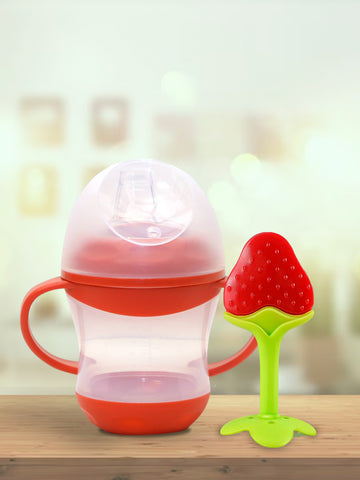 Kidbea Baby Sippy Cup Learning Sipper Feeding Bottle & Twin Handles with Strawberry Shape Silicone Baby Teether - Red