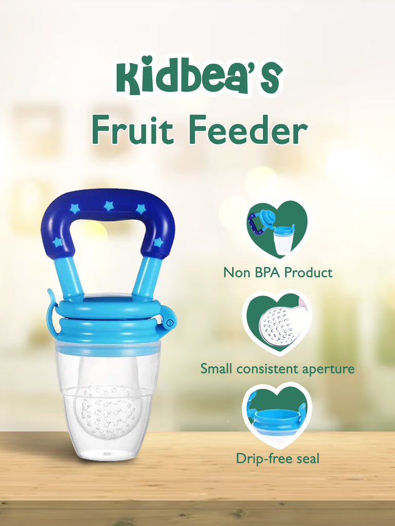 Kidbea Baby Fruit Feeder And Food Feeding Spoon Ultra Soft Food Grade Silicone for Cereals for Infant Baby 3 Months Plus for Baby 6 to 12 Months (Blue Combo)