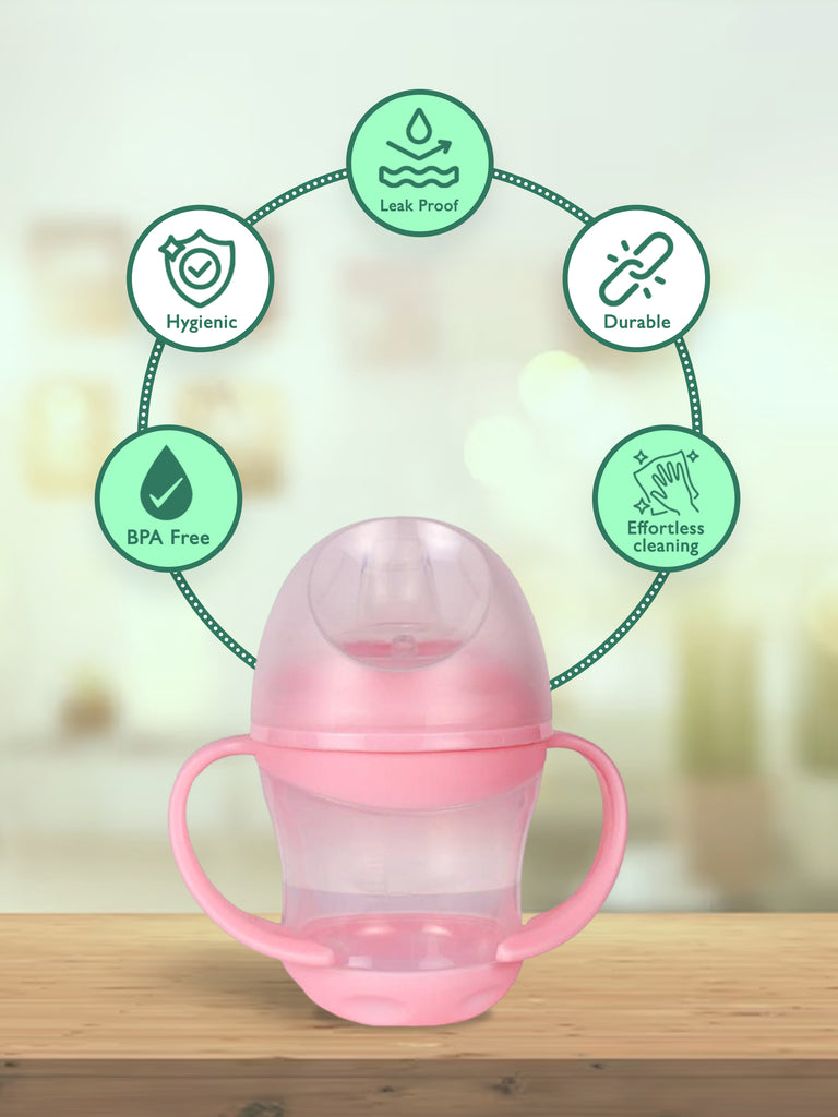 Kidbea Baby Sippy Cup Learning Sipper Feeding Bottle & Twin Handles with Apple Shape Silicone Baby Teether - Pink (160ml)