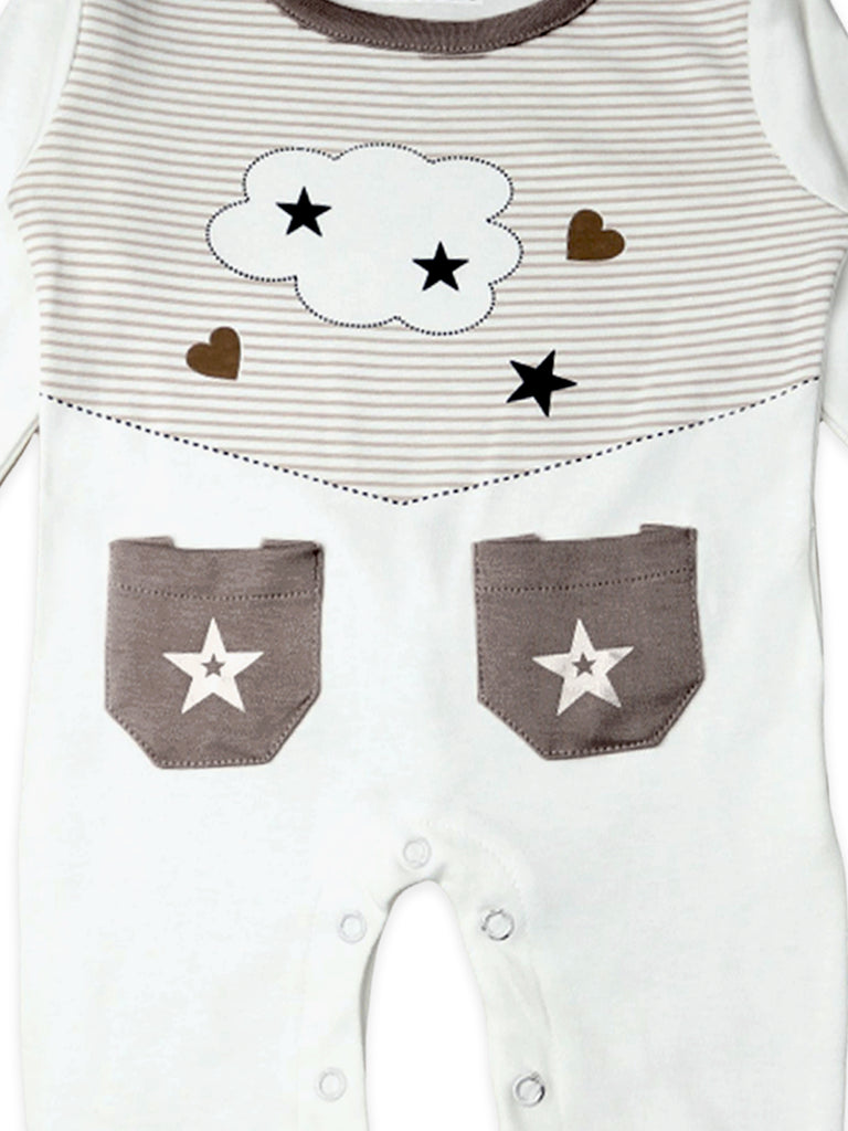 Kidbea Pack of 3 Cotton Full Sleeves Star, Sloth and Bear Printed Romper - Brown & Grey