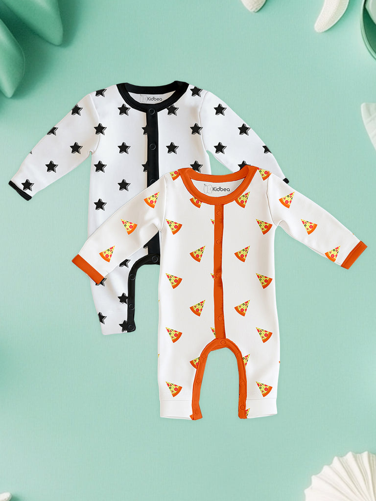 100% Organic Cotton Romper Pack – Star & Pizza Designs, Black & Orange, Full Sleeves