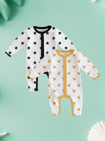 100% Organic Cotton Romper Pack – Star & Pizza Designs, Black & Orange, Full Sleeves