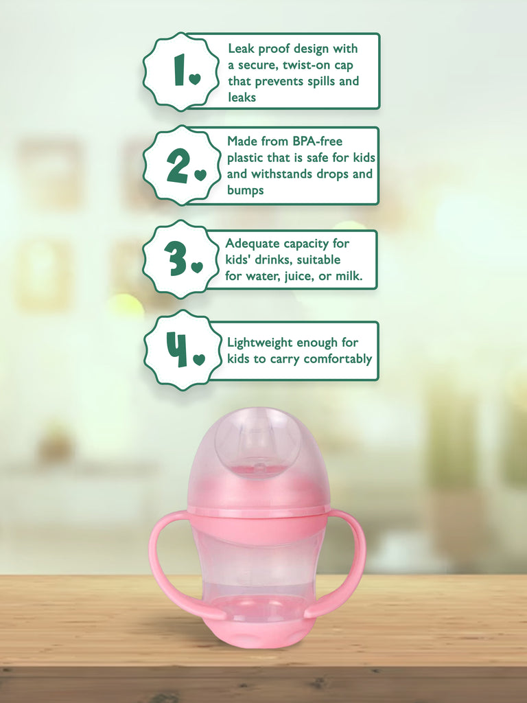 Kidbea Baby Sippy Cup Learning Sipper Feeding Bottle & Twin Handles with Apple Shape Silicone Baby Teether - Pink (160ml)