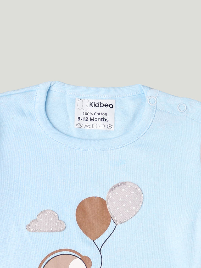 Kidbea Pack of 3 Cotton Full Sleeves Penguin, Kitty and Bear Printed Romper - Blue