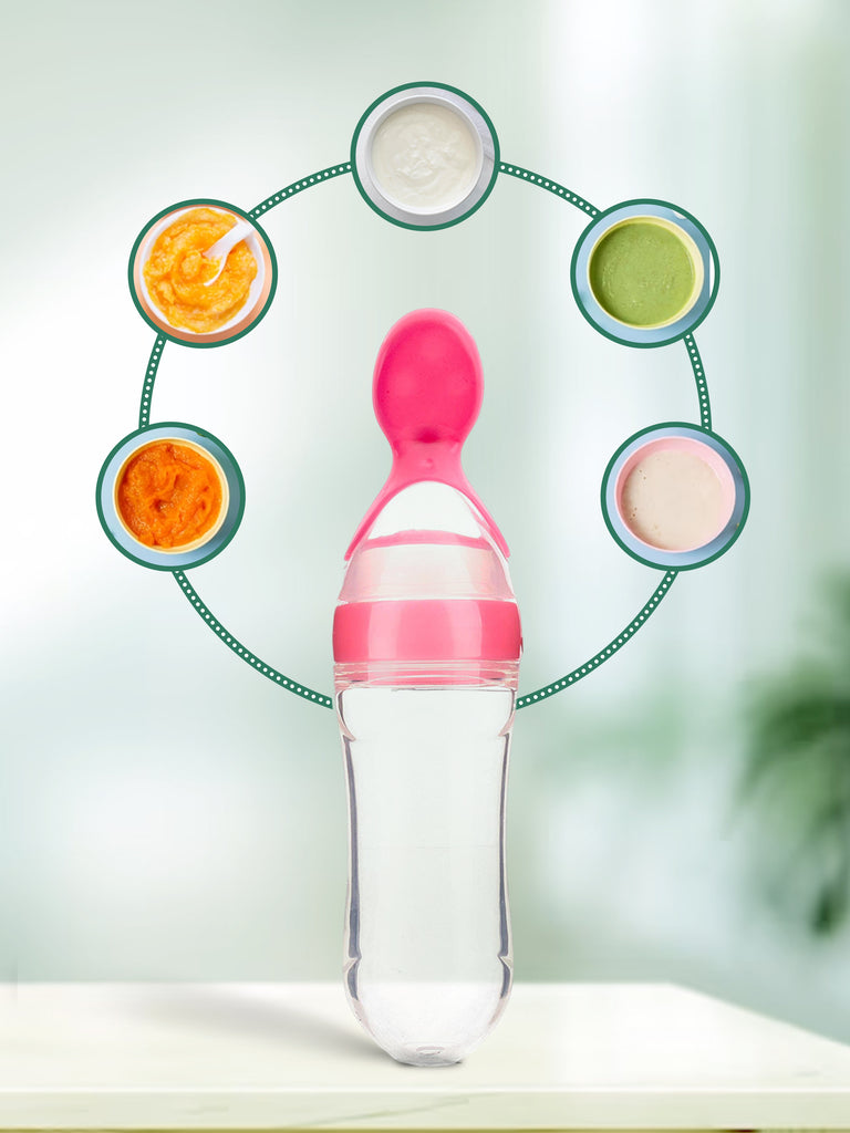 Kidbea Baby Fruit & Spoon Feeder with Pink Shipper soft pacifer/feeder and Apple Shape Silicone Baby Teether, Anti-Colic, Plastic-Free Pack of 4