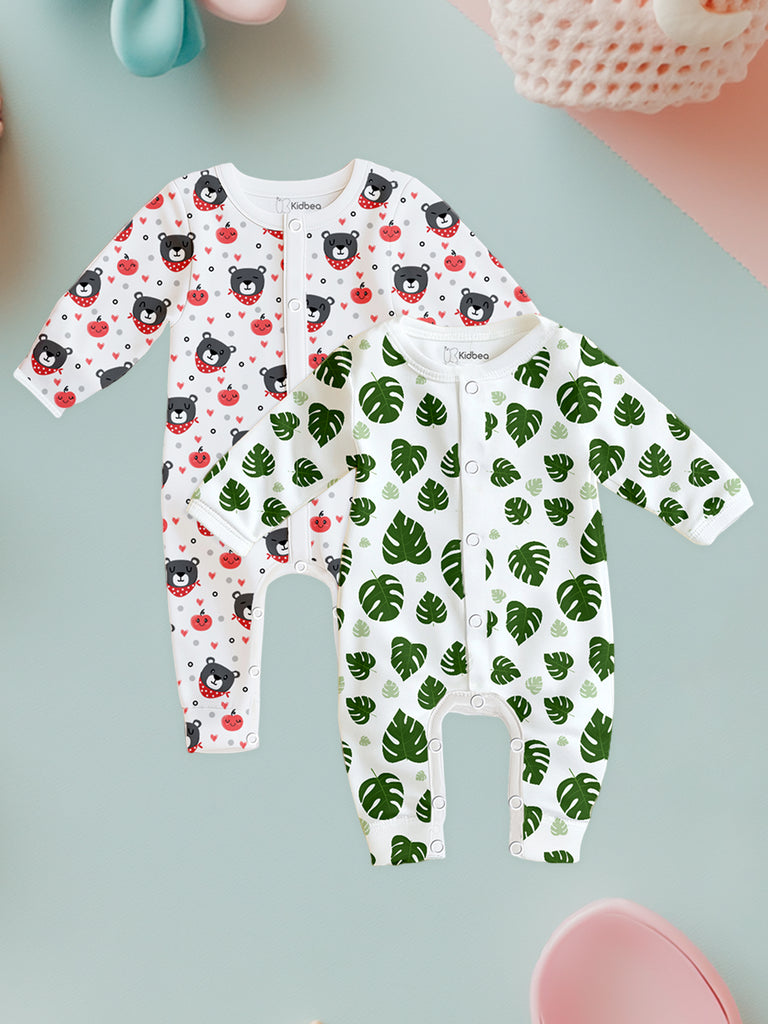 100% Organic Cotton Romper Pack – Leaf & Bear Designs, Grey with Pink & Green, Full Sleeves