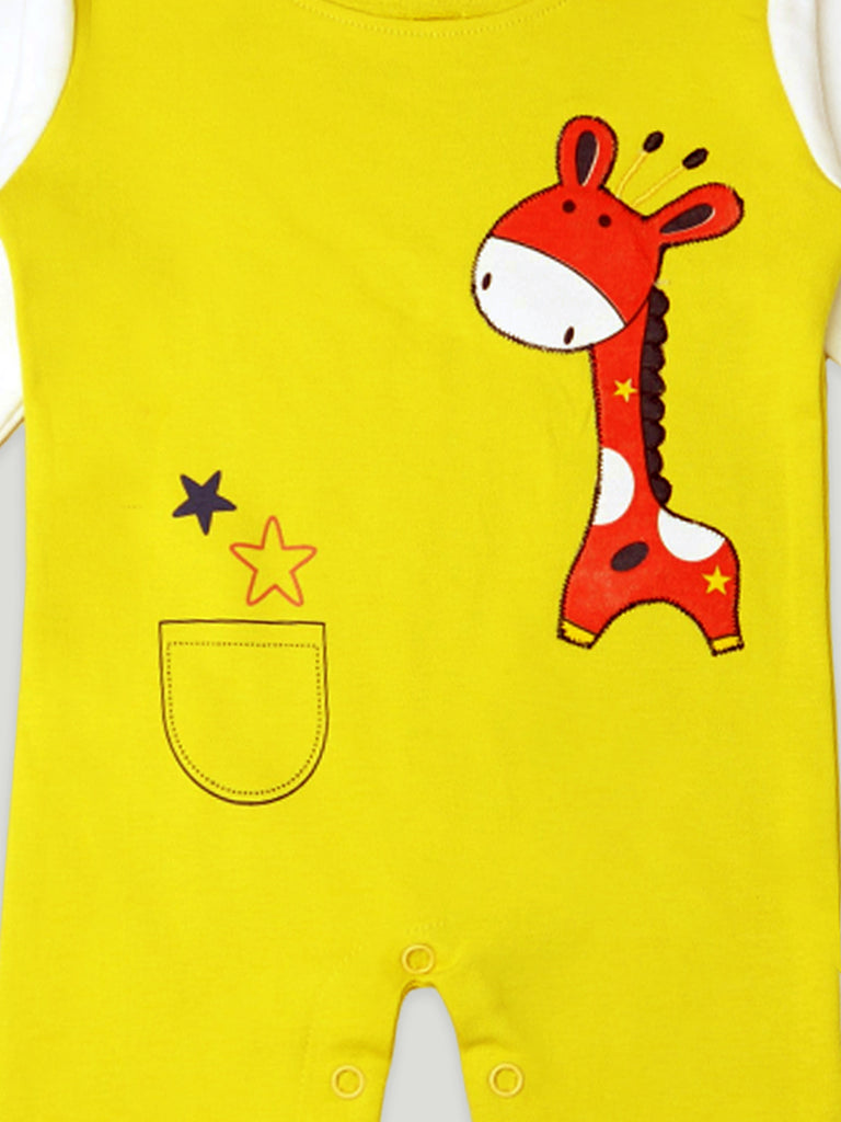 Kidbea Pack of 2 Full Sleeves Cotton Giraffe and Bear Print Romper/Bodysuit - Yellow & Blue