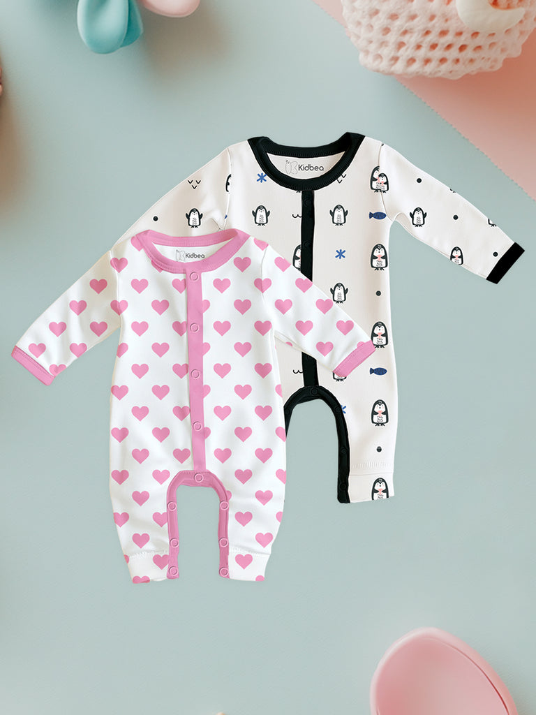 100% Organic Cotton Romper Pack – Heart & Penguin Designs, Pink & Black, Full Sleeves