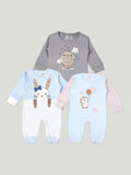 Kidbea Pack of 3 Cotton Full Sleeves Lion, Kitty and Penguin Printed Romper - Grey & Blue