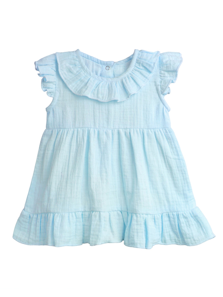 100% Sky Blue Linen Girls Frock | Blue