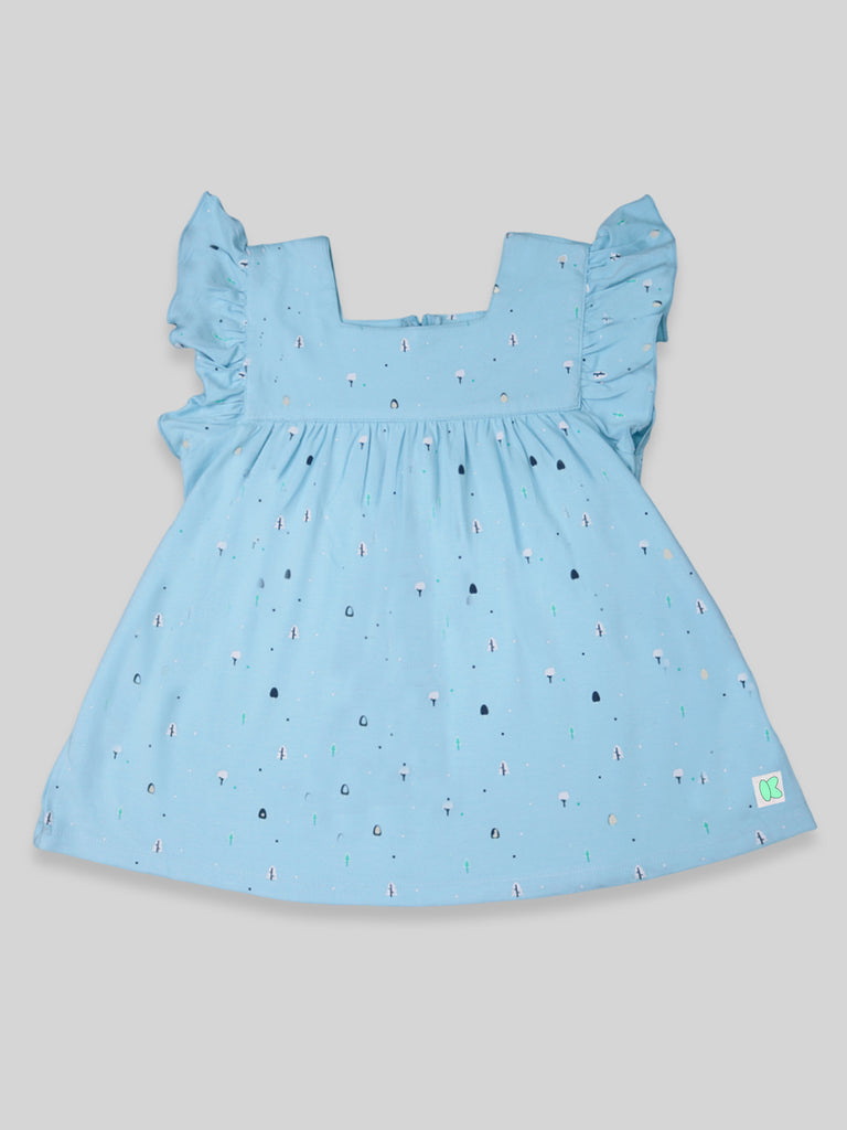 Kidbea 100% Bamboo Ultra-Soft Premium Fabric Baby Girl Frock with ruffled sleeves - Blue