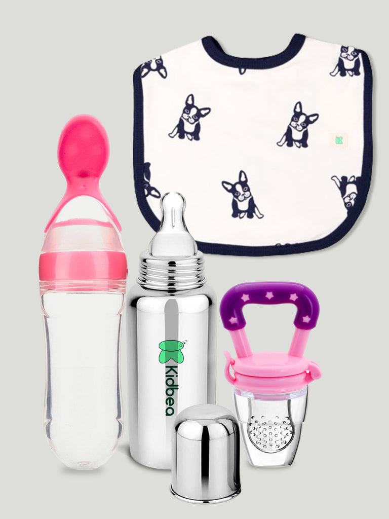 Kidbea Stainless Steel Infant Baby Feeding Bottle, Dog Printed, Pink Silicone Food and Fruit Feeder BPA Free, Anti-Colic, Plastic-Free, 304 Grade Medium-Flow Combo of 4