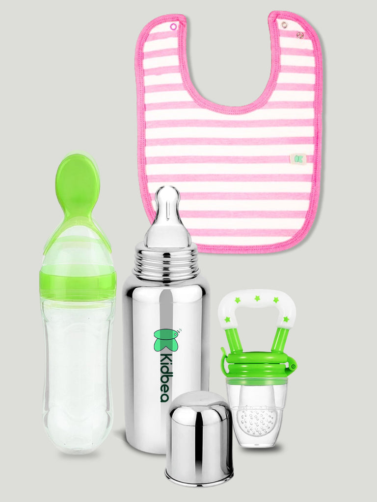 Kidbea Stainless Steel Infant Baby Feeding Bottle, Pink Strip Bibs, Green Silicone Food and Fruit Feeder BPA Free, Anti-Colic, Plastic-Free, 304 Grade Medium-Flow Combo of 4