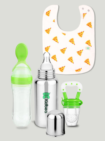 Kidbea Stainless Steel Infant Baby Feeding Bottle, Pizza Printed Bibs, Green Silicone Food and Fruit Feeder BPA Free, Anti-Colic, Plastic-Free, 304 Grade Medium-Flow Combo of 4