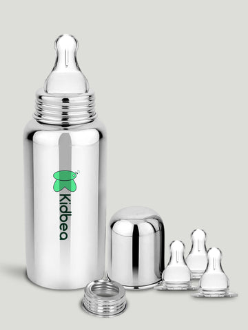 Stainless Steel Infant Baby Feeding Bottle With 3 Extra Nipple (250 ML)