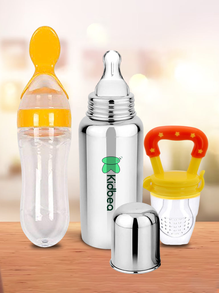 Kidbea Stainless Steel Infant Baby Feeding Bottle, Silicone Food and Fruit feeder BPA Free, Anti-Colic, Plastic-Free, 304 Grade Medium-Flow Combo of 3